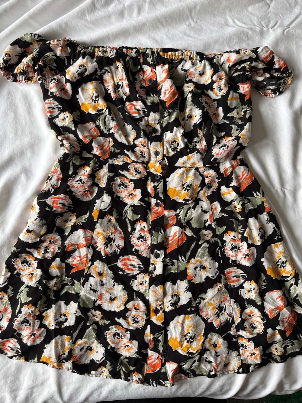 Free People Black Floral Mini Dress with White, Orange & Yellow Flowers